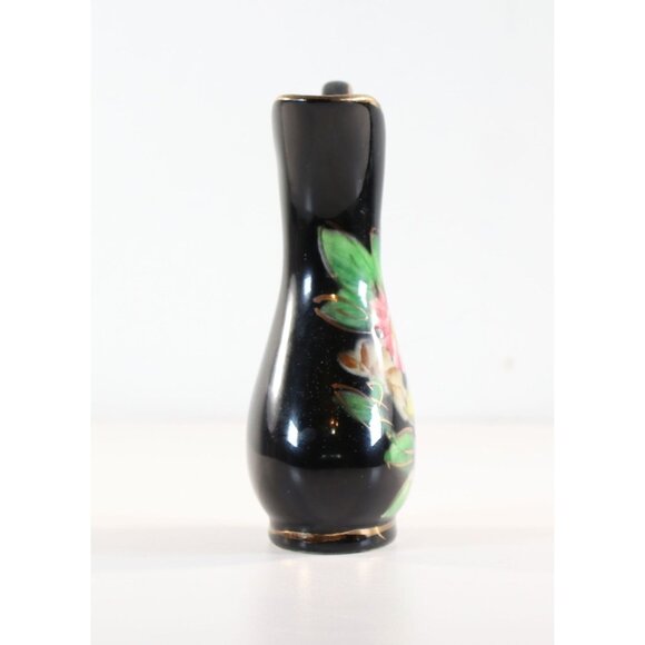 Small Black Vase With Florial Pattern 24K Gold Trim 1950s - Picture 3 of 10